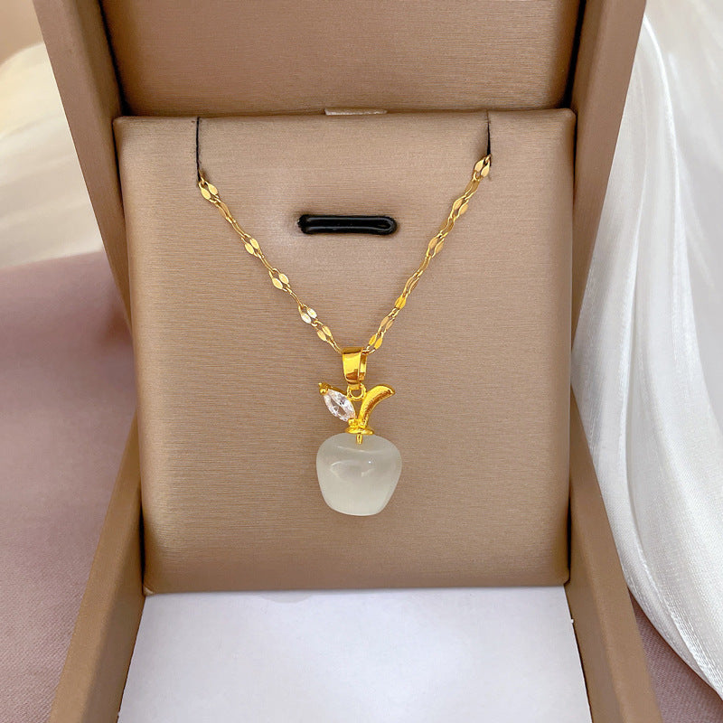 Collana Pendente a Occhio di Gatto Minimalista di Lusso in Acciaio al Titanio con Micro-Incastonatura a Pavé a Forma di Mela per Donna, Catena Clavicolare con Design Geometrico
