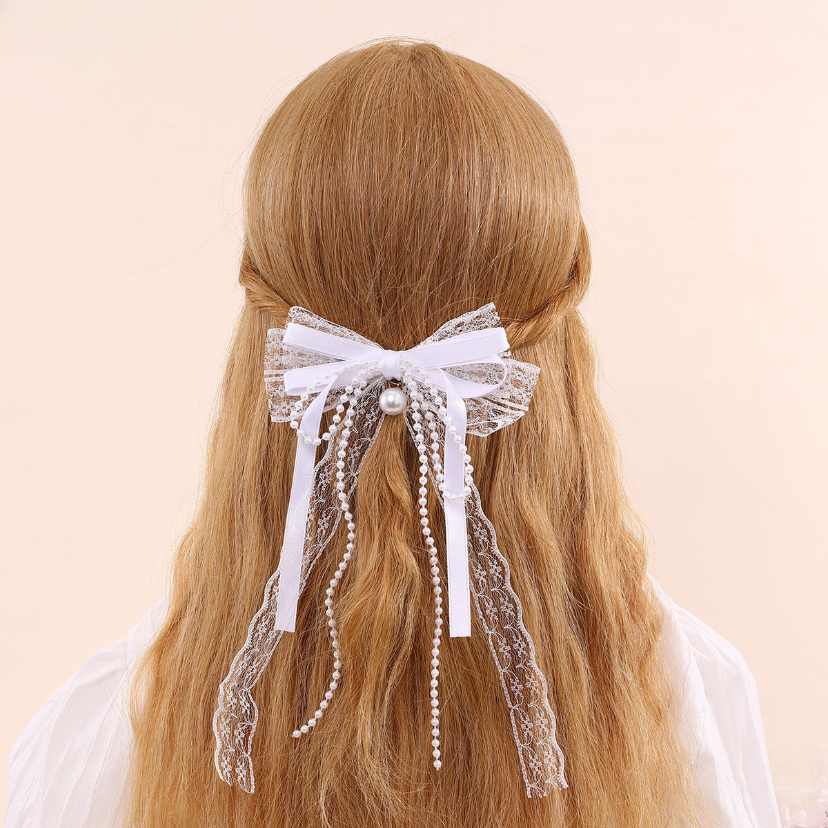 Fermaglio per Capelli a Fiocco Stile Naturale per Bambini in Tulle con Increspature e Texture a Rete