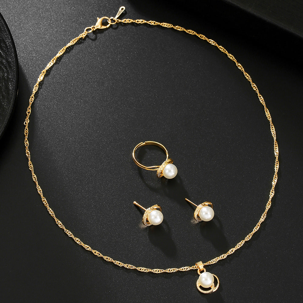 Gold Plated Geometric Rhinestone Jewelry Set with Ball Chain for Women