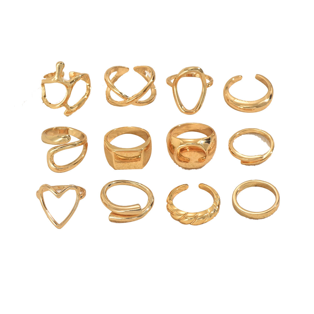 Conjunto de anillos con diseño de líneas geométricas para mujer, de aleación de zinc galvanizada, anillos de banda abierta ajustables con formas circulares y ovaladas