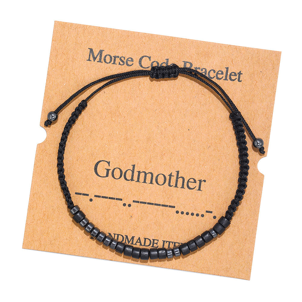 Geometric Morse Code Wood Bead Bracelet Unisex Handmade Braided Card