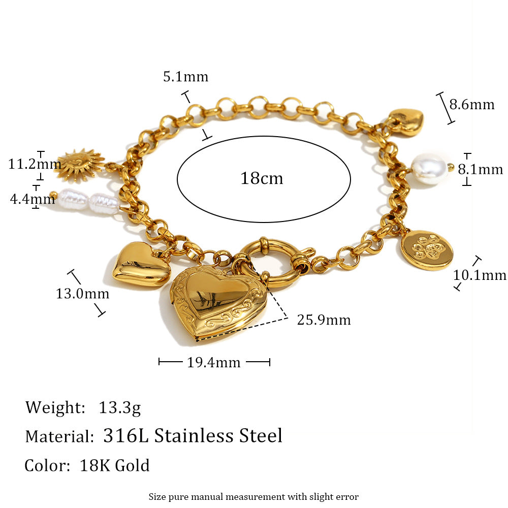 Fashionable OL Style Heart-Shaped Stainless Steel Plated 18K Gold Circle Link Bracelet for Women