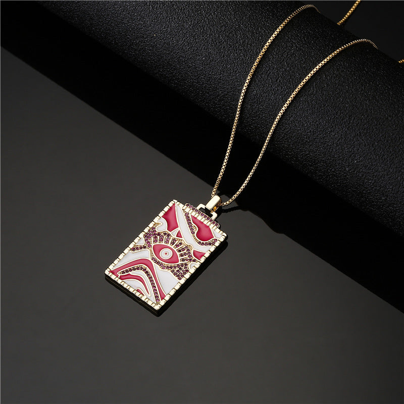 Geometric Square Brass Pendant Necklace with Micro-Inlaid Cubic Zirconia and Drip Oil Evil Eye Design on Box Chain