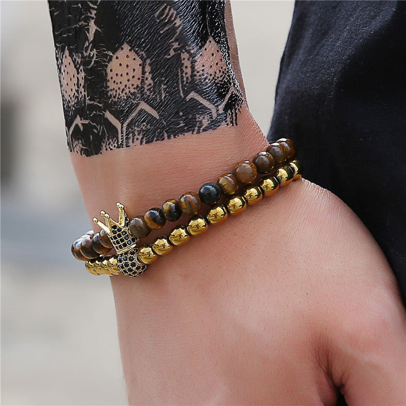 Geometric Crown Tiger's Eye and Cubic Zirconia Brass Bracelet Set