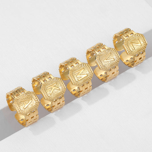 Anillo de letra ajustable de acero inoxidable con acabado chapado para dedo índice unisex estilo vintage