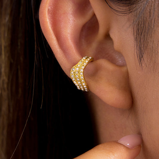 Geometric Wave-Shape Stainless Steel Rhinestone Ear Clips for Women with Plated Finish Luxury Minimalist Earrings