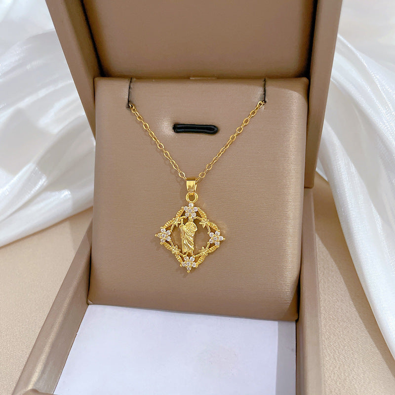 Collana Minimalista con Ciondolo Floreale a Quadrifoglio in Acciaio al Titanio con Ciondolo in Rame e Accenti di Strass per Uomo e Donna