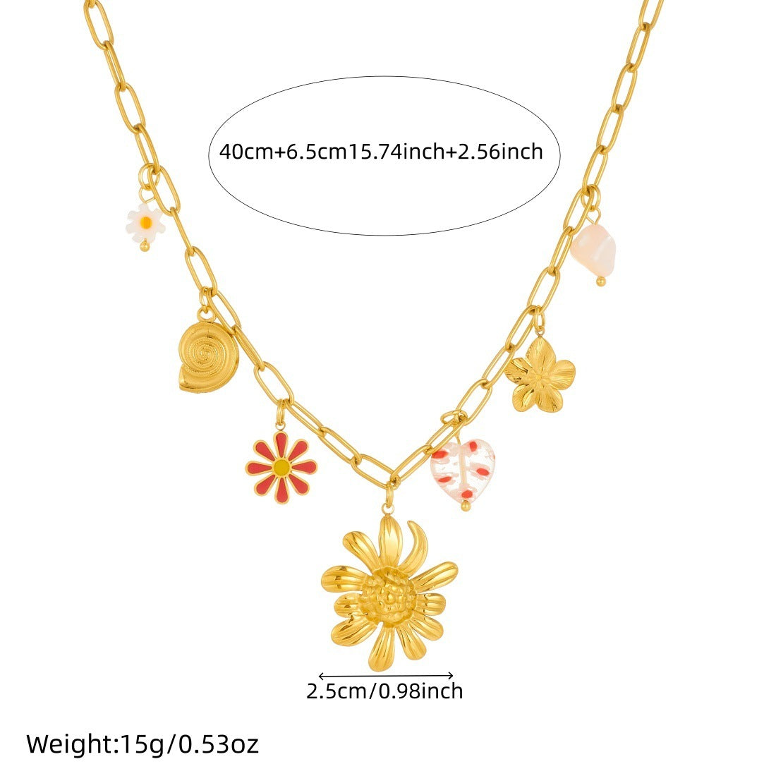 Casual Gold Plated Heart Floral Polka Dot Stainless Steel Necklace with Peony and Daisy Charms