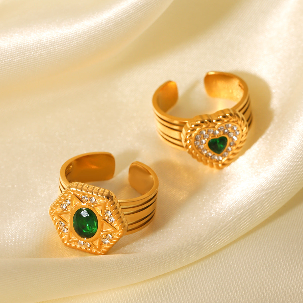 Anello Aperto a Cuore Esagramma Minimalista in Acciaio Inossidabile con Intarsio di Zirconi da Donna
