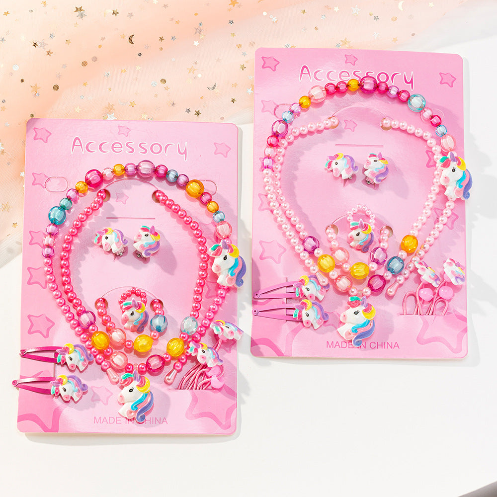 Set di collane con ciondolo unicorno a fumetti per bambini, gioielli a forma di animale in resina plastica con catena di perline rotonde, accessorio da spiaggia estivo