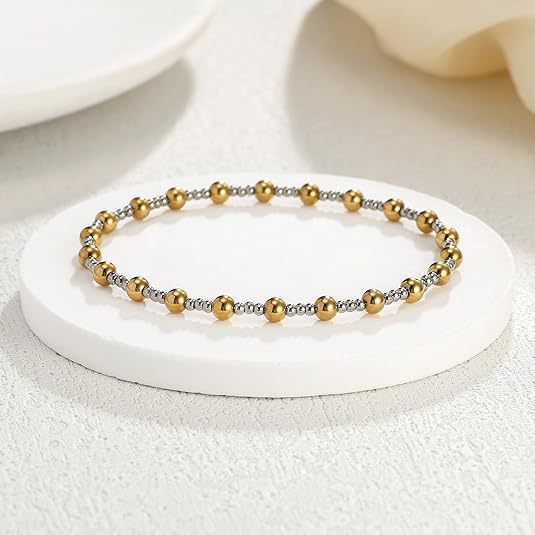 Luxury Elegant Round Bead Stainless Steel Ball Chain Stretch Bracelet for Women