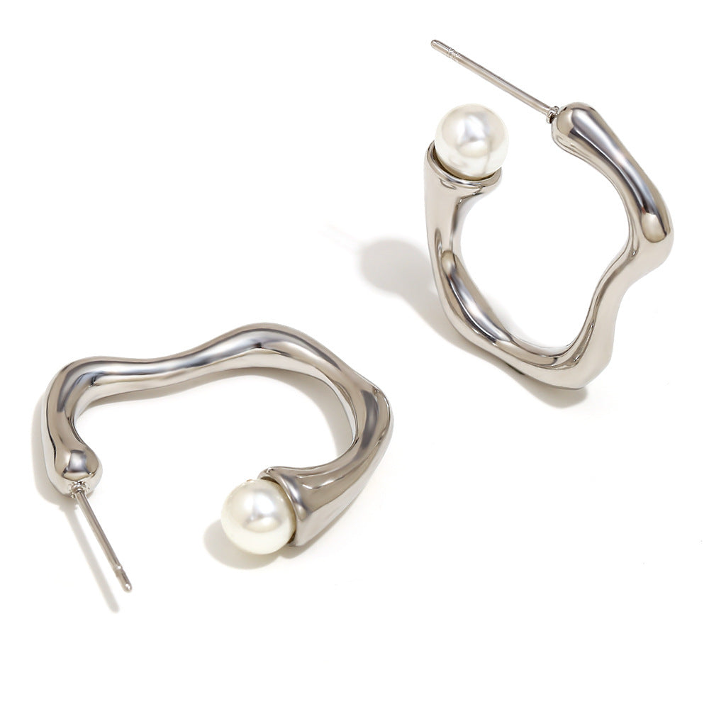 Orecchini da donna minimalisti e geometrici a C con perle, in acciaio inossidabile placcato oro 18K