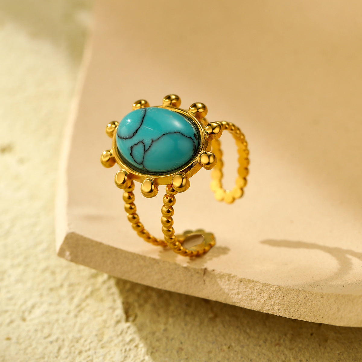 Anello ovale in stile francese vintage in acciaio inossidabile turchese con finitura placcata per donna