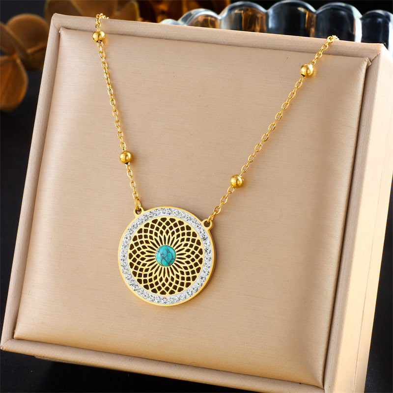 Collana con Ciondolo Turchese Geometrico Svuotato Boho Vintage Set Catena Scatola Acciaio Inox da Donna