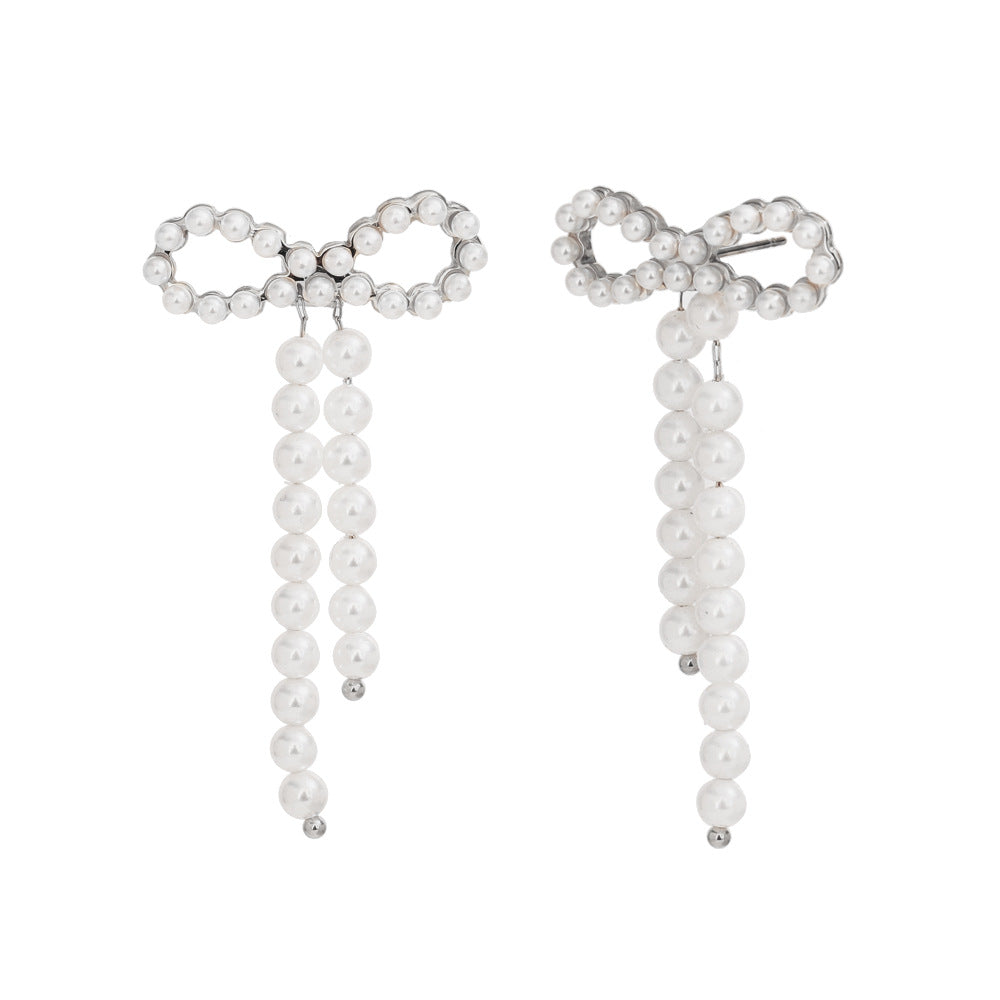Vintage Style Bow-Shaped Stainless Steel Electroplated 18K Gold Hollow O-Link Pumpkin-Trapezoid Pearl Earrings for Women