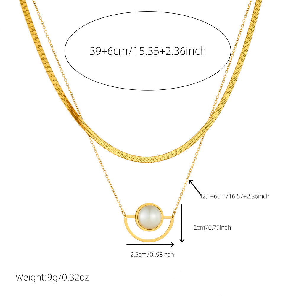 Elegant Gold Plated Stainless Steel Fan Shape Pearl Inlay Blade Chain Necklace