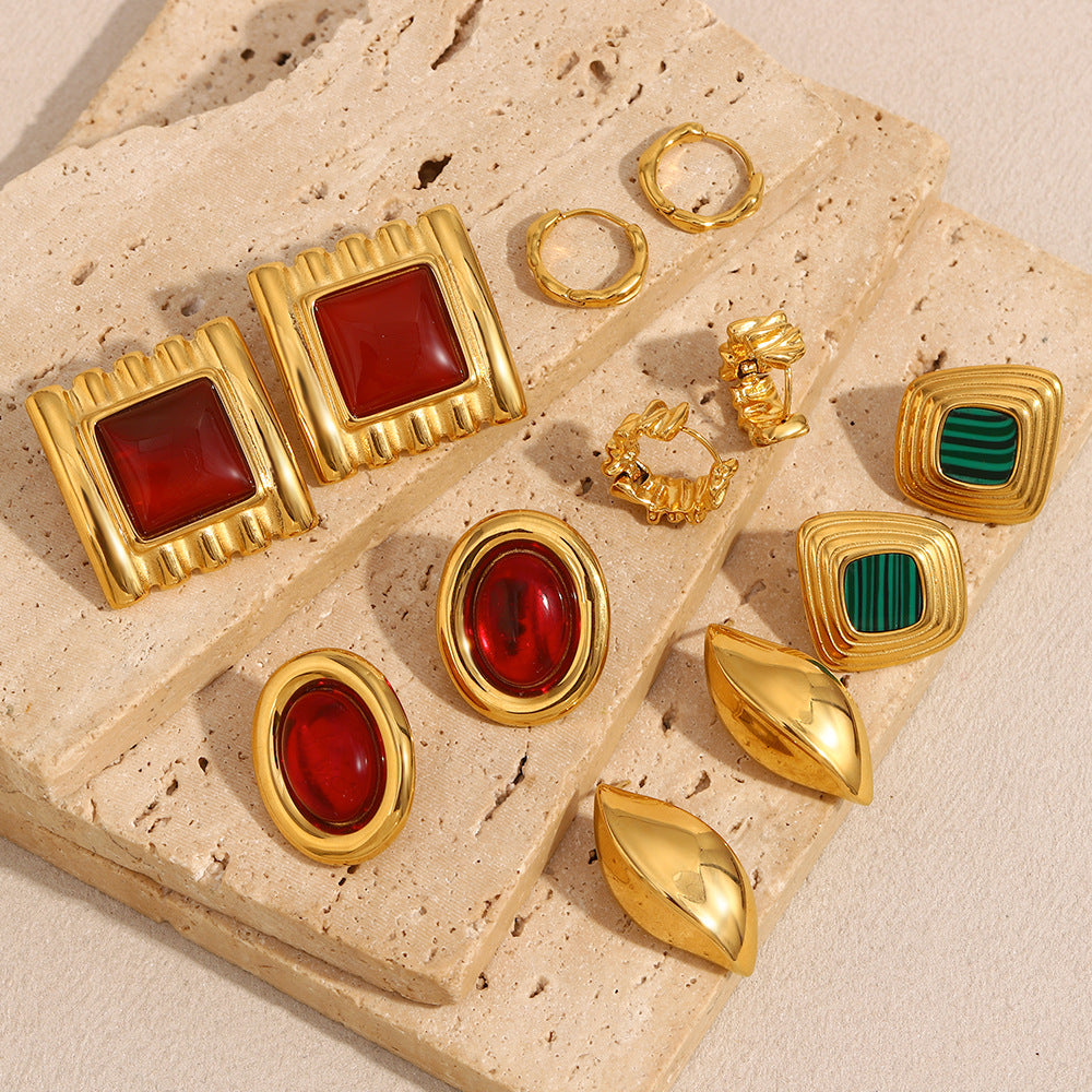 Minimalist Geometric Red Agate Stud Earrings in Stainless Steel with 18K Gold Plating for Women