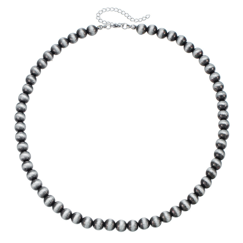 Vintage Western Geometric Brushed Stainless Steel Beaded Necklace with Imitation Pearl and Black Flash Beads
