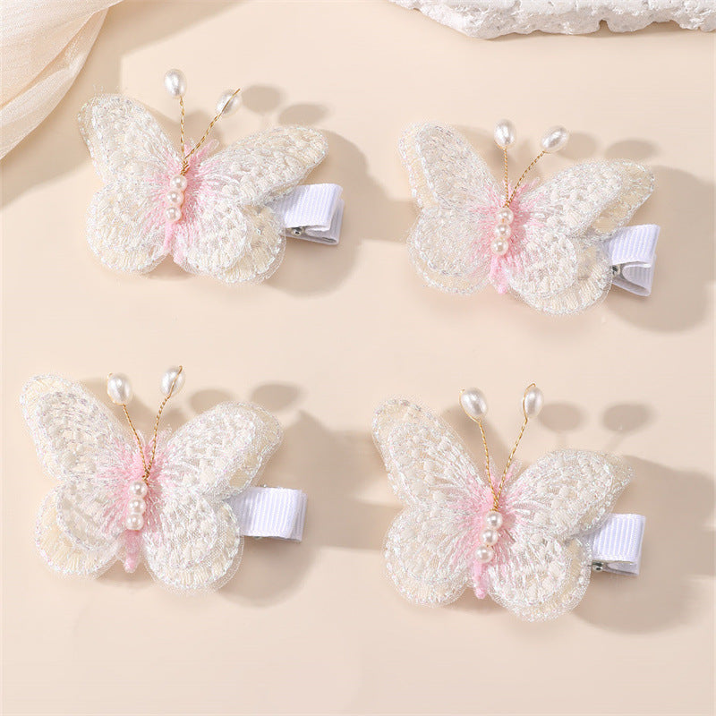 Pinza de pelo de mariposa de dibujos animados para niños hecha de tela de red con textura de punto estilo macaron pastel