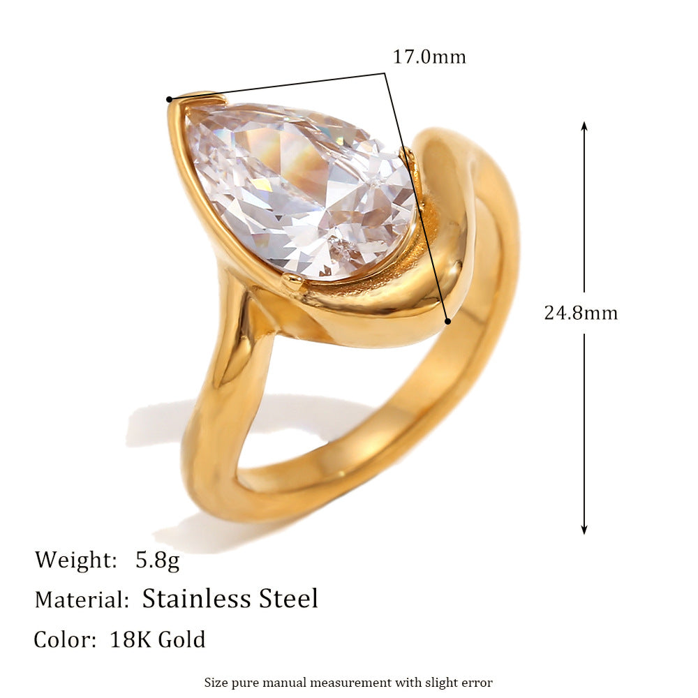 Fashion Elegant Geometric Teardrop Gold Plated Stainless Steel Ring with Rhinestone for Women