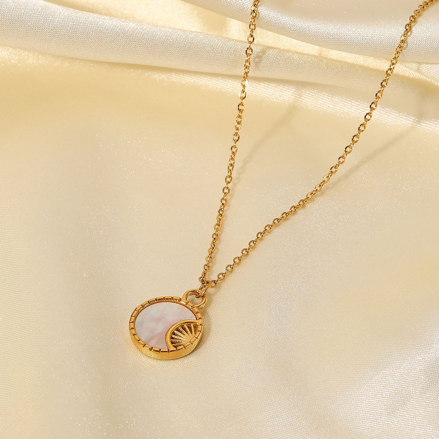 Minimalist Moon-Shaped White Abalone Pendant Necklace in Stainless Steel with 18K Gold Plating for Women