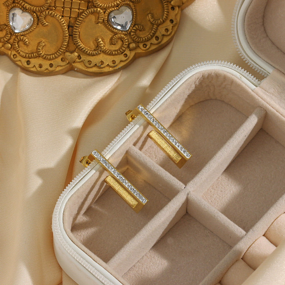 Minimalist Rectangular Stainless Steel Earrings with 18K Gold Plating and Rhinestone Inlay for Women