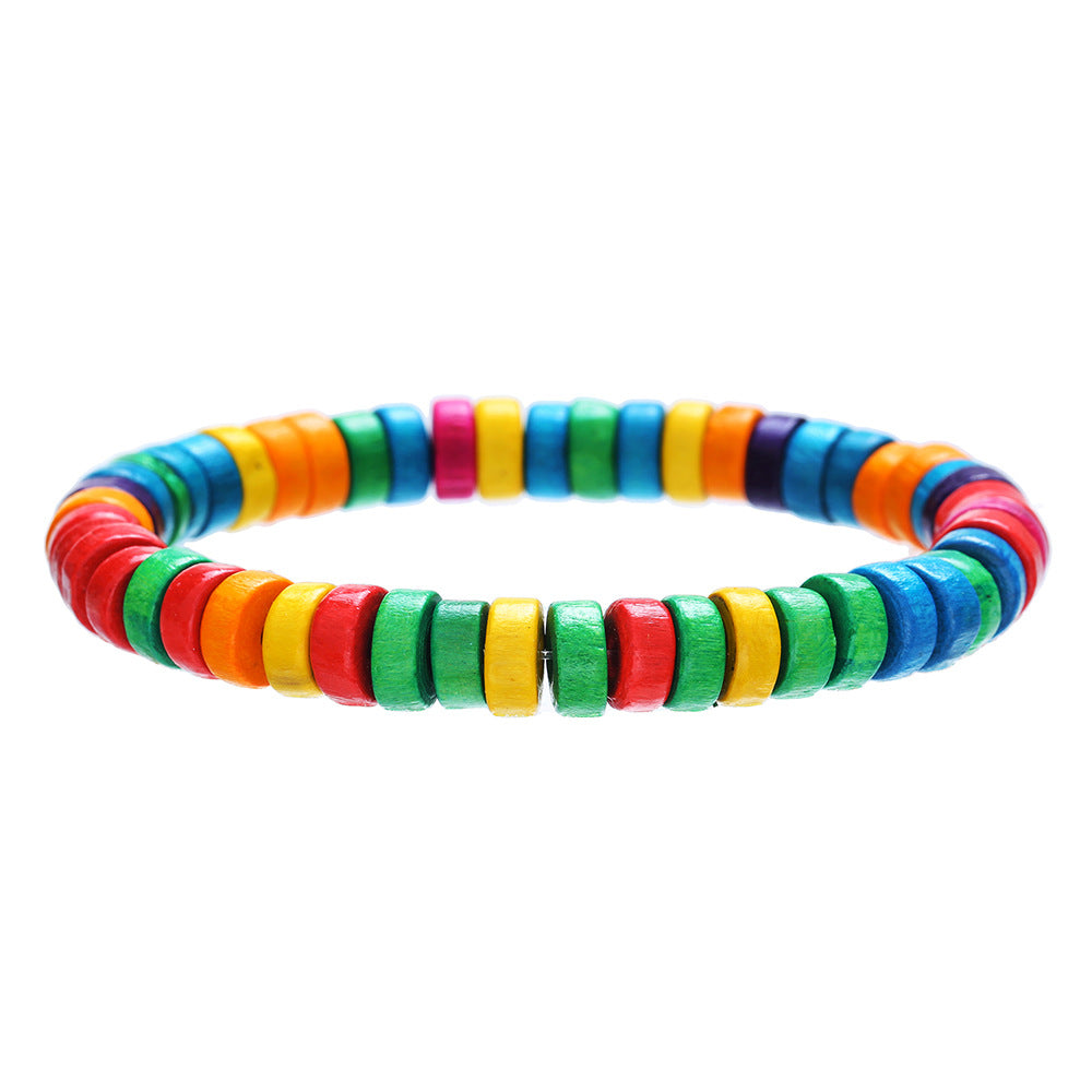 Minimalist Multicolor Round Wood Beaded Bracelet Handmade Geometric Stretch Bracelet