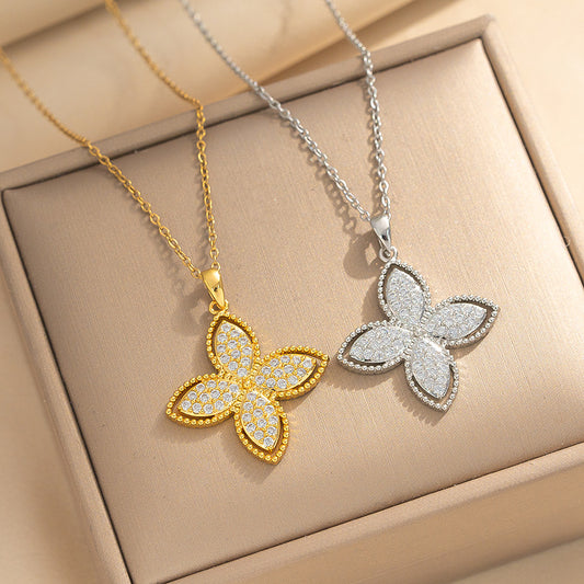 Minimalist Four-Leaf Clover Pendant Necklace for Women in Titanium Steel with Rhinestone Inlay and Gold Plating on O-Chain