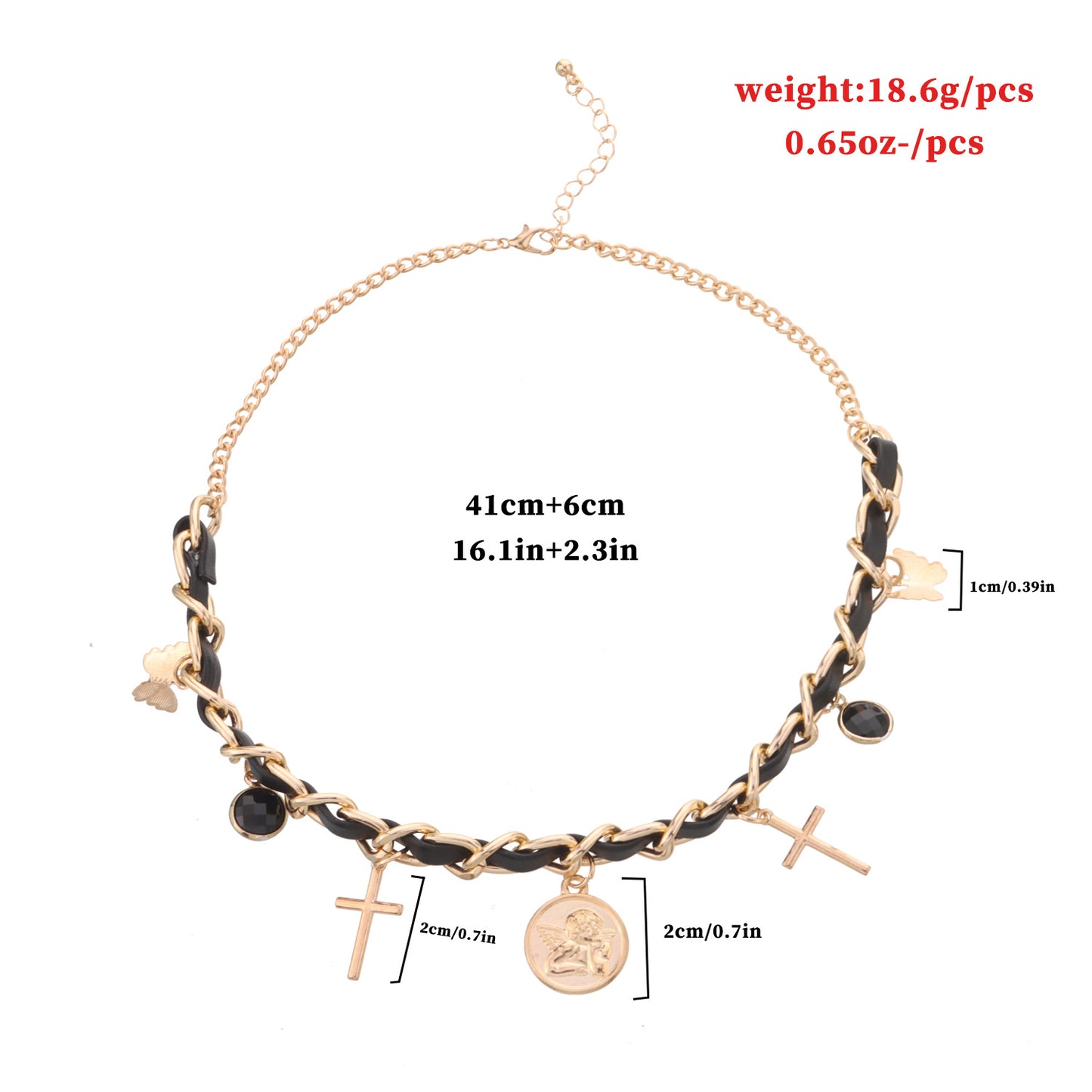 Collana con Pendente Geometrico Tondo Angelo da Donna con Motivi a Croce e Farfalla, Catena in Lega, Finitura Galvanizzata