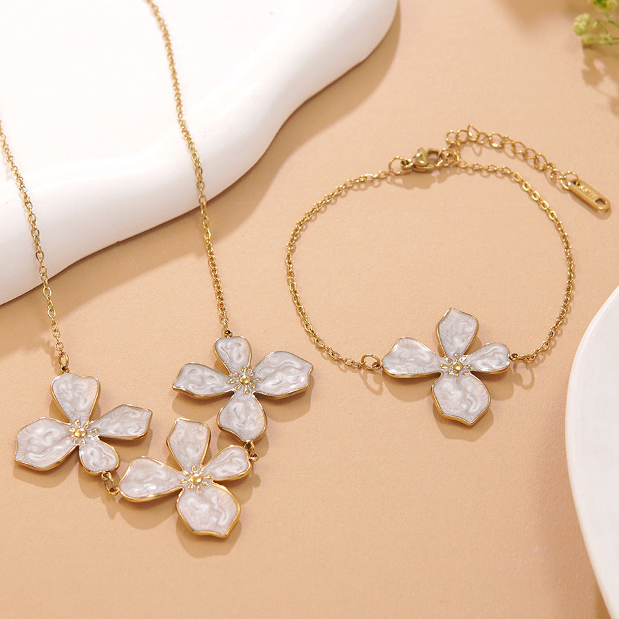 Sweet Drip Oil Floral Stainless Steel Necklace and Bracelet Set for Women
