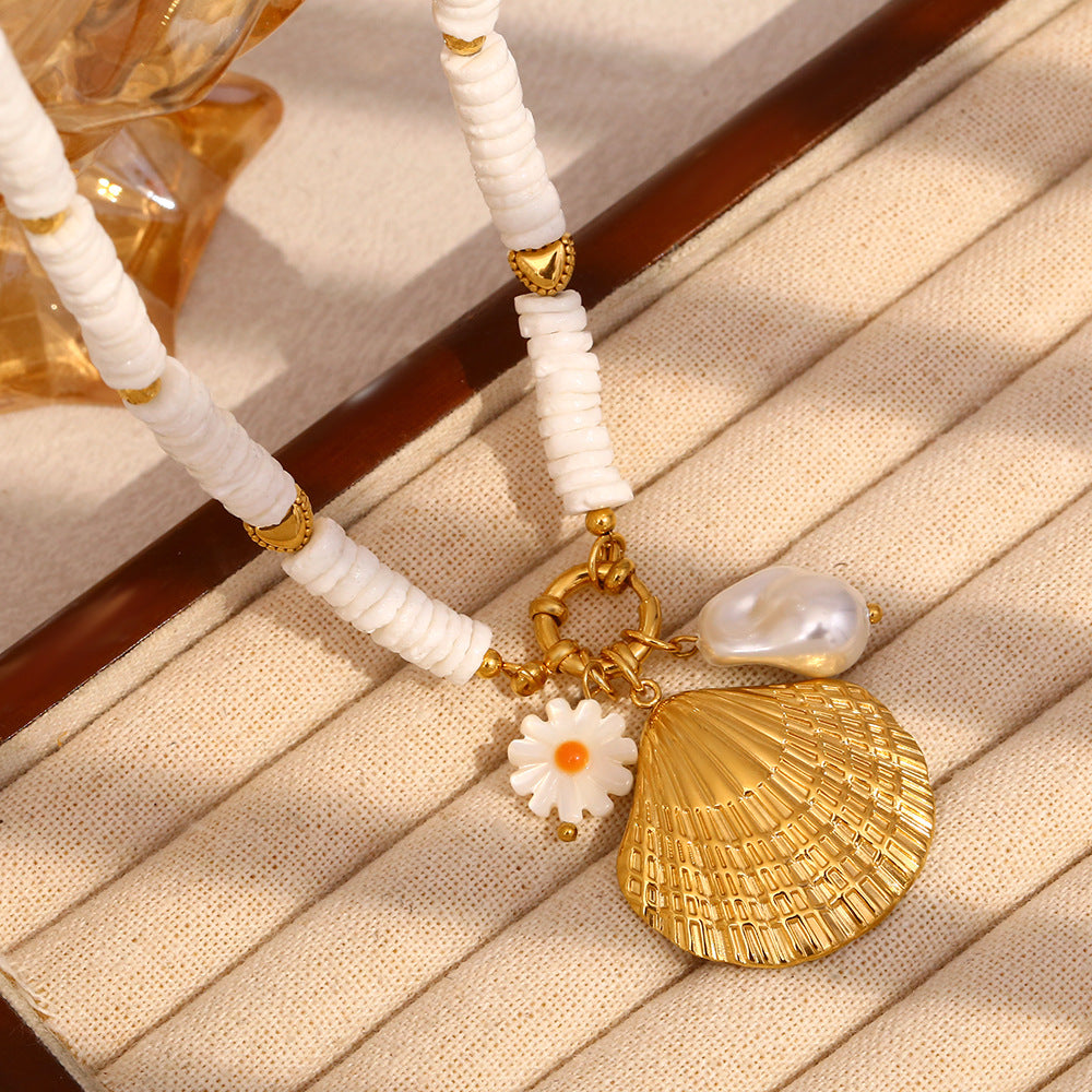 Vintage Fashion Geometric Stainless Steel Plated 18K Gold White Shell Pendant Necklace for Women
