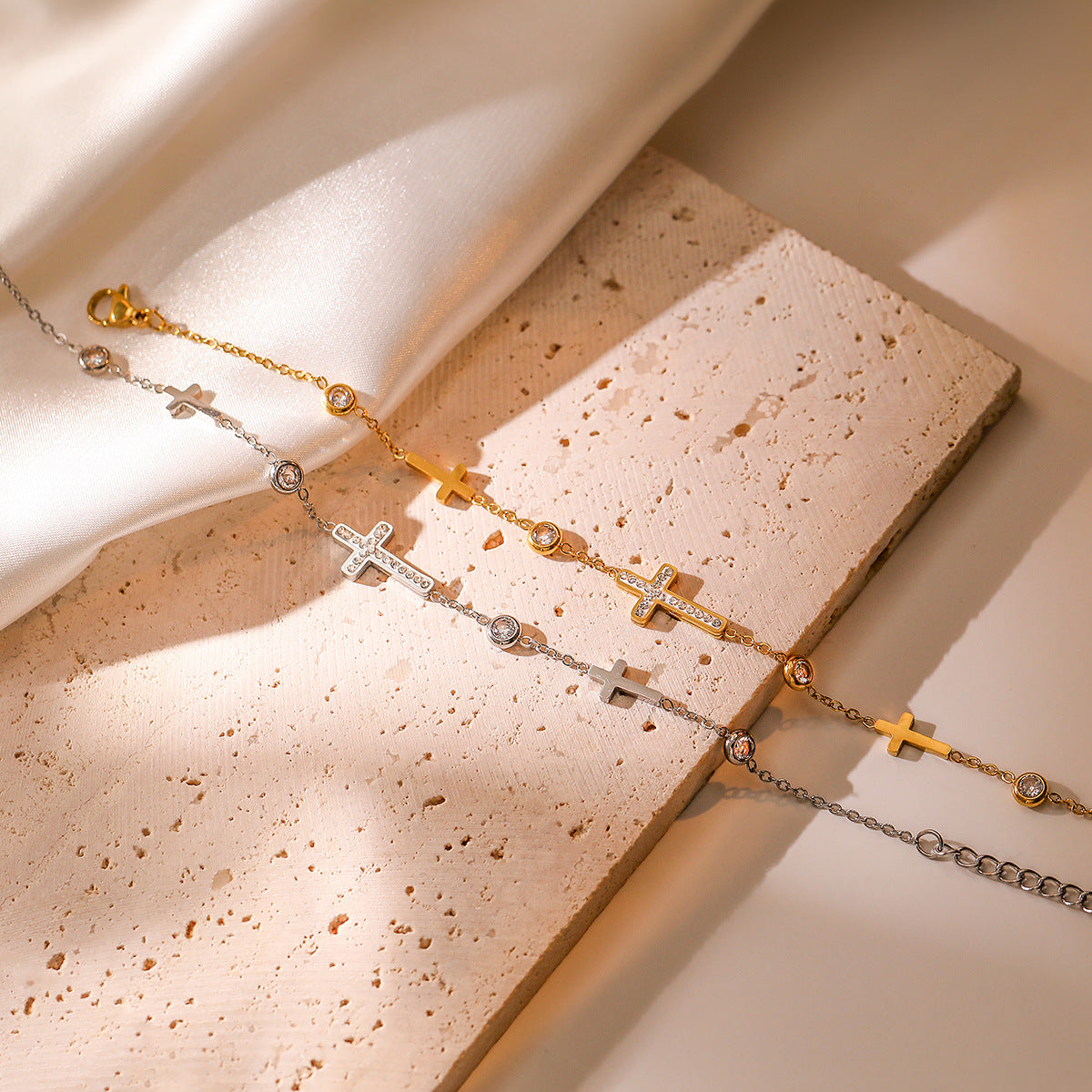 Minimalist Cross Pendant Stainless Steel Bracelet for Women with Gold Plating and Zircon Inlay