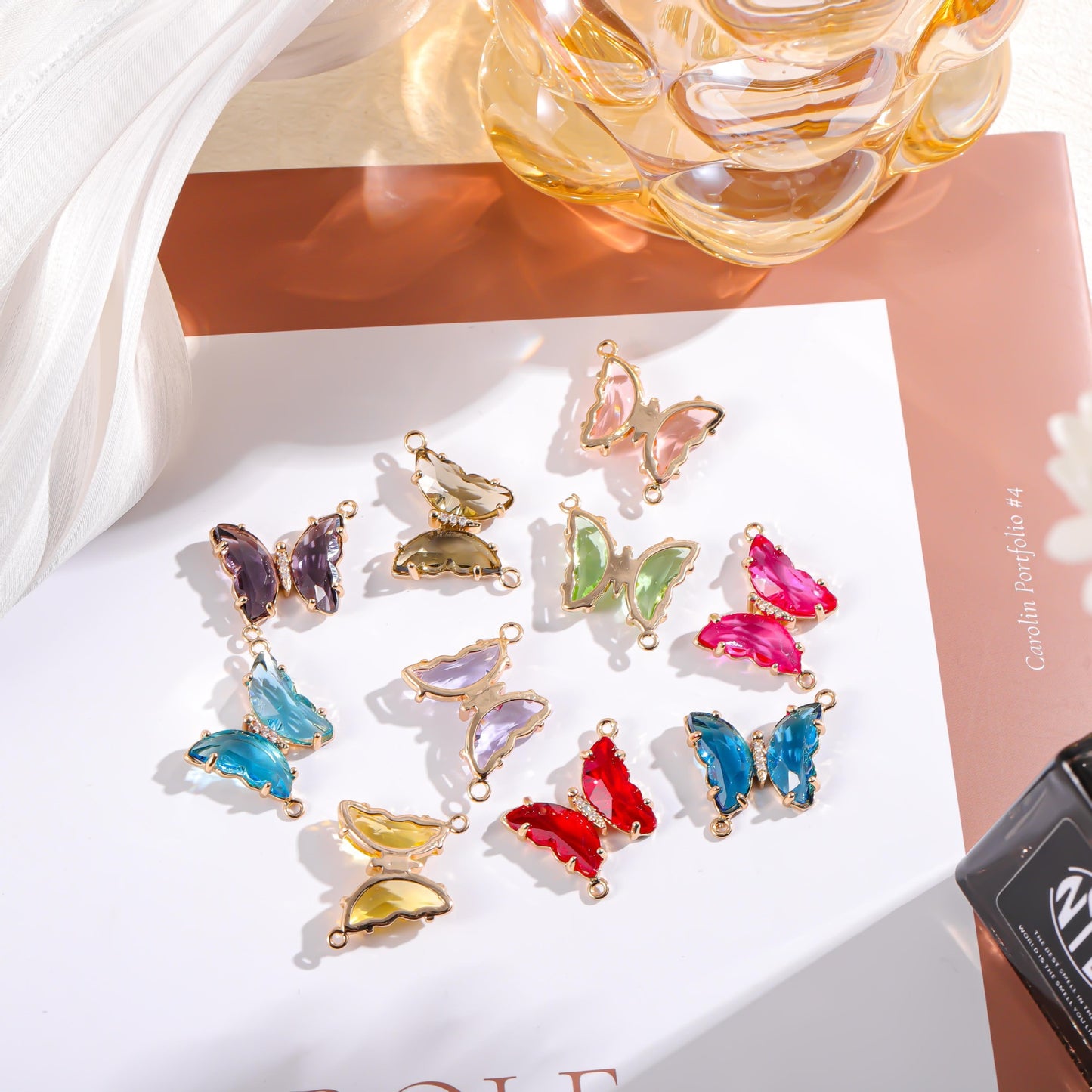 Sweet Gradient Glitter Crystal Butterfly Double Pendant Brass Plated Charm Bar