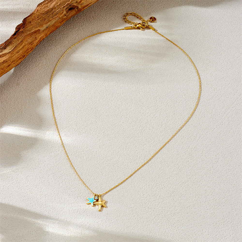 Collana con Ciondolo a Stella Marina Blu in Smalto Minimalista da Donna con Catena Serpente in Acciaio Inossidabile Placcato Oro