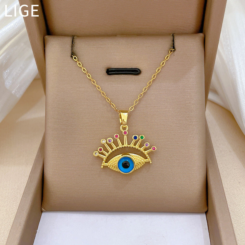 Sweet Elegant Colorful Eye and Eyelash Geometric Rhinestone Pendant Necklace Titanium Steel Cable Chain for Unisex