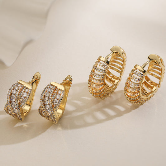 Vintage Minimalist Geometric Brass Gold Plated Cubic Zirconia Inlay Hoop Earrings for Women