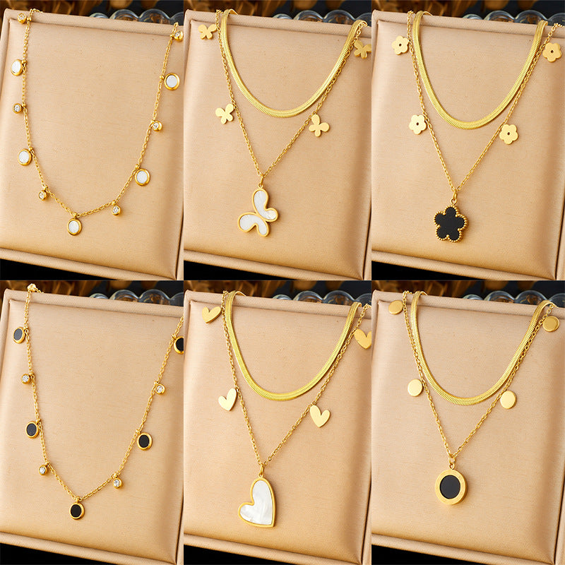 Minimalist Casual Double Layer Heart Butterfly Floral Stainless Steel Plated Pendant Necklace with Snake Chain for Women