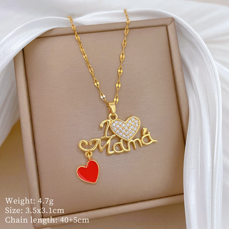 Sweet Drip Oil Heart Rhinestone Titanium Steel Necklace with Cable Chain
