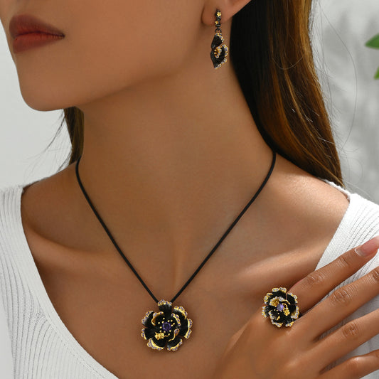 Conjunto de collar, pendientes y anillo de aleación retro con girasol floral y diamantes de imitación para mujer