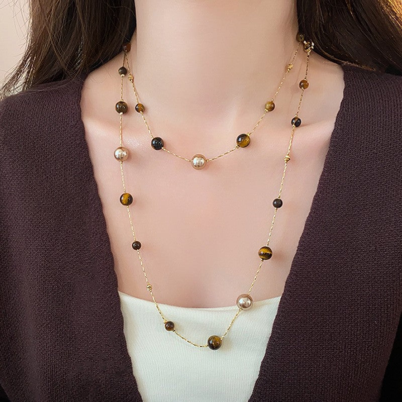 Collana pendente occhio di tigre in stile retrò con design geometrico da donna, catena a maglie color oro, accessorio minimalista di lusso
