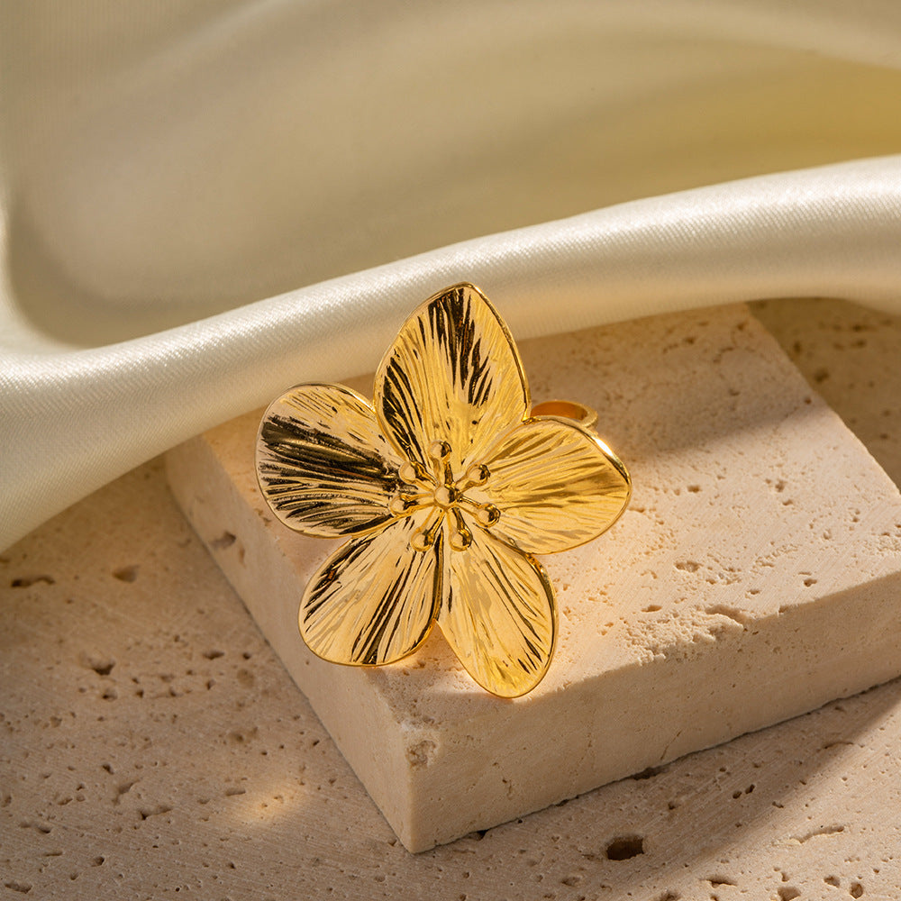 Anello Aperto Floreale Geometico in Acciaio Inossidabile Oro Opaco Stile Palazzo Francese Vintage