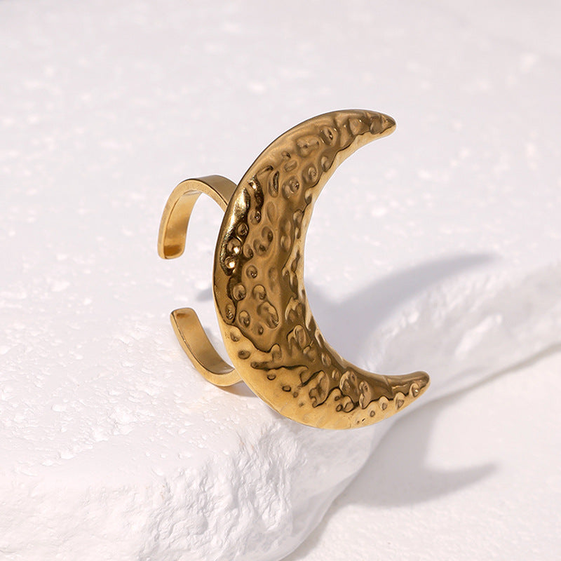 Minimalist Hammered Moon Open Ring 18K Gold Plated Stainless Steel Jewelry for Women