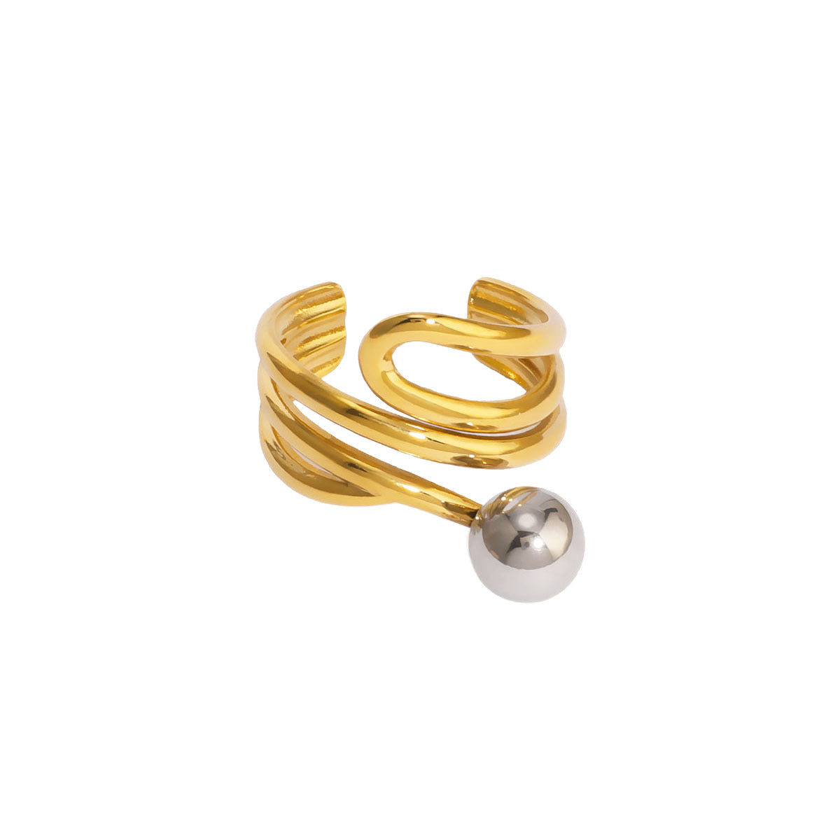 Asymmetrical Geometric Line Stainless Steel Ring for Women with Dual-Tone Plated Finish