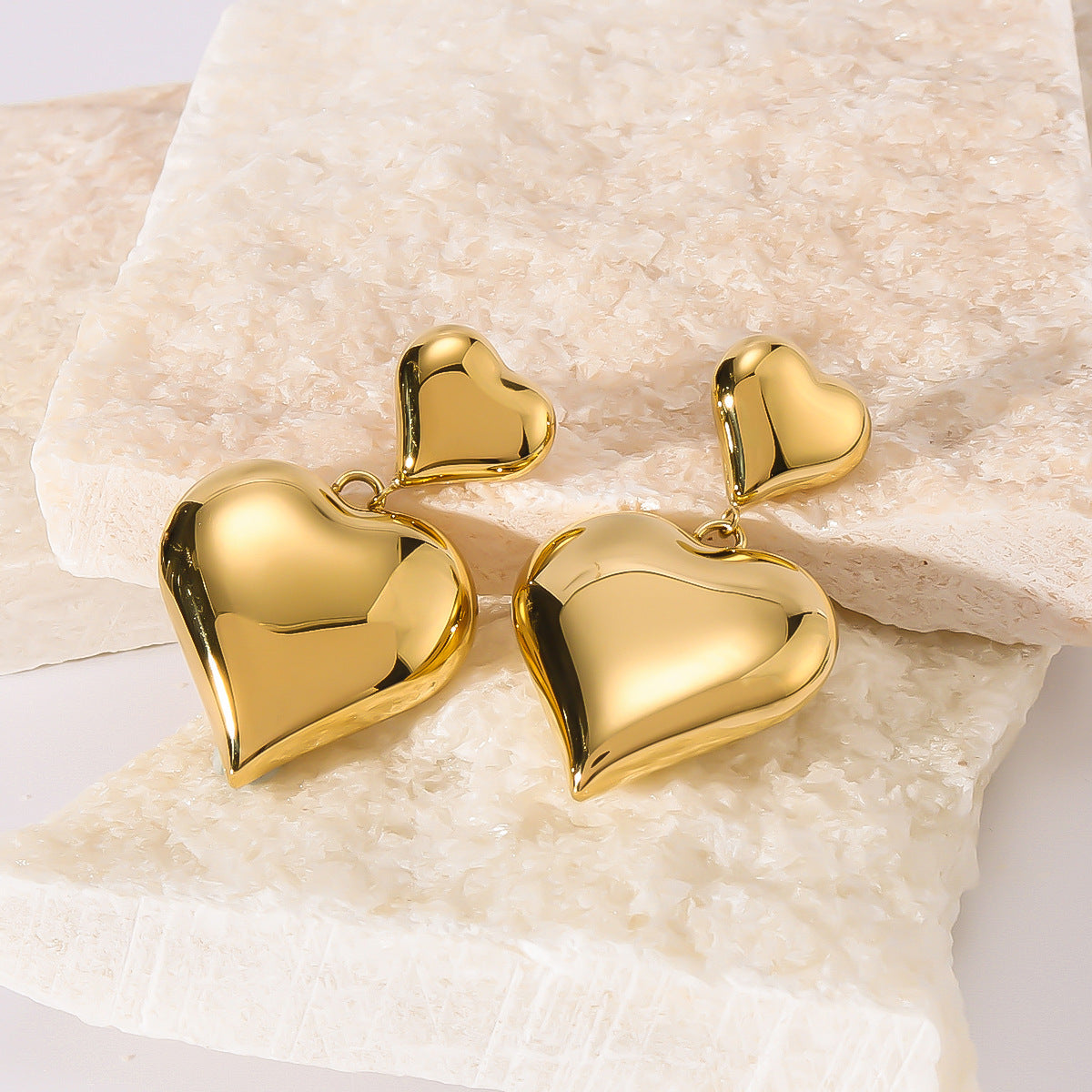 Ins Style Heart-Shaped Pendant Earrings with Double-Layer Love Heart Design, 18K Gold Plated Stainless Steel