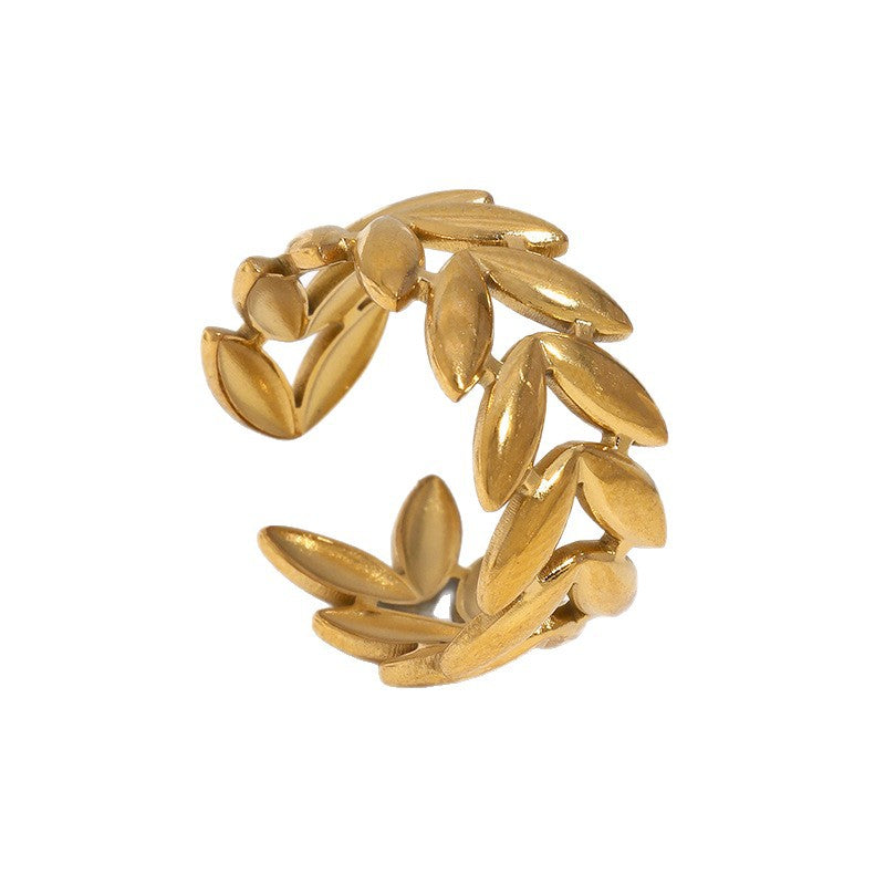 Minimalist Sweet Leaf Shape Gold Plated Stainless Steel Ring for Women