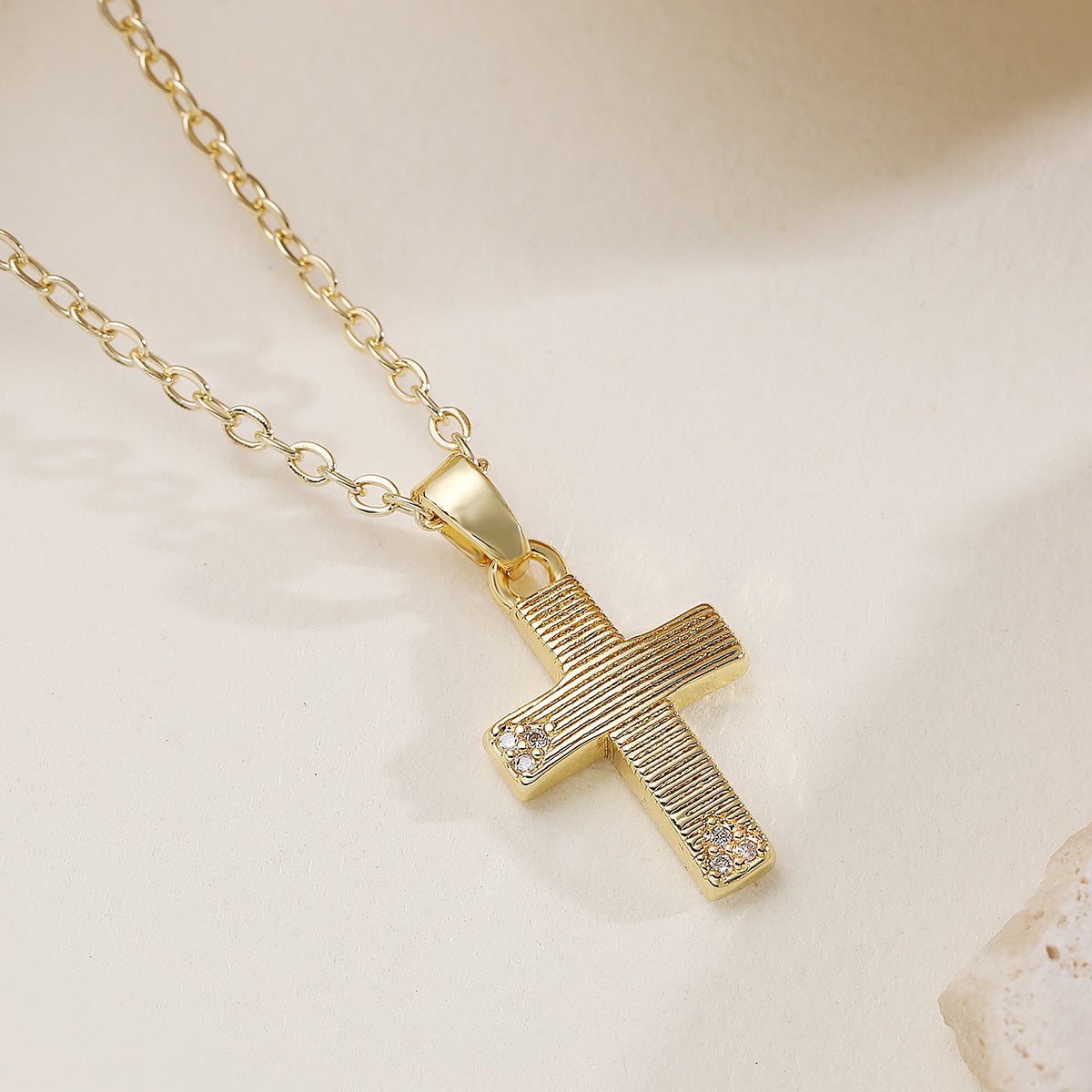 Minimalist 18K Gold Plated Brass Cross Pendant Necklace with Cubic Zirconia for Women