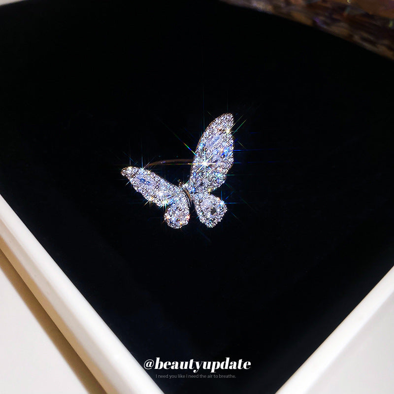 Anello Aperto a Forma di Farfalla in Rame con Intarsio di Zirconi da Donna, Anello da Dito Minimalista Estetico Naturale