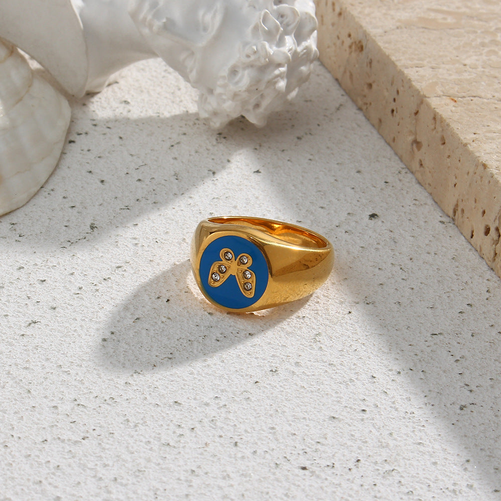 Anillo Geométrico de Mariposa Esmaltado de Circones de Acero Inoxidable Chapado en Oro de 18K Estilo Vintage para Mujer