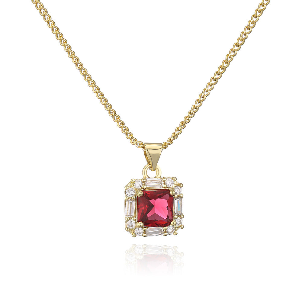 Collana con ciondolo quadrato geometrico vintage da donna in rame placcato oro 18 carati e zirconi incastonati