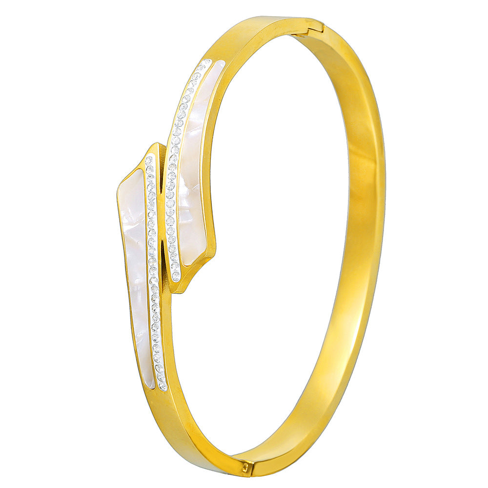 Cross Shape Titanium Steel Bracelet with Shell Inlay Plated Finish Open Cuff for Women